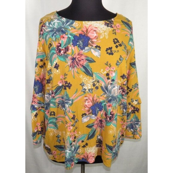 Ava + Viv Women's Mustard Floral Strappy Back Flare Sleeve Blouse Plus 4X - Picture 4 of 10